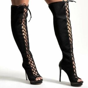 Jennifer Lopez Black Lace-Up Over-the-Knee Boots